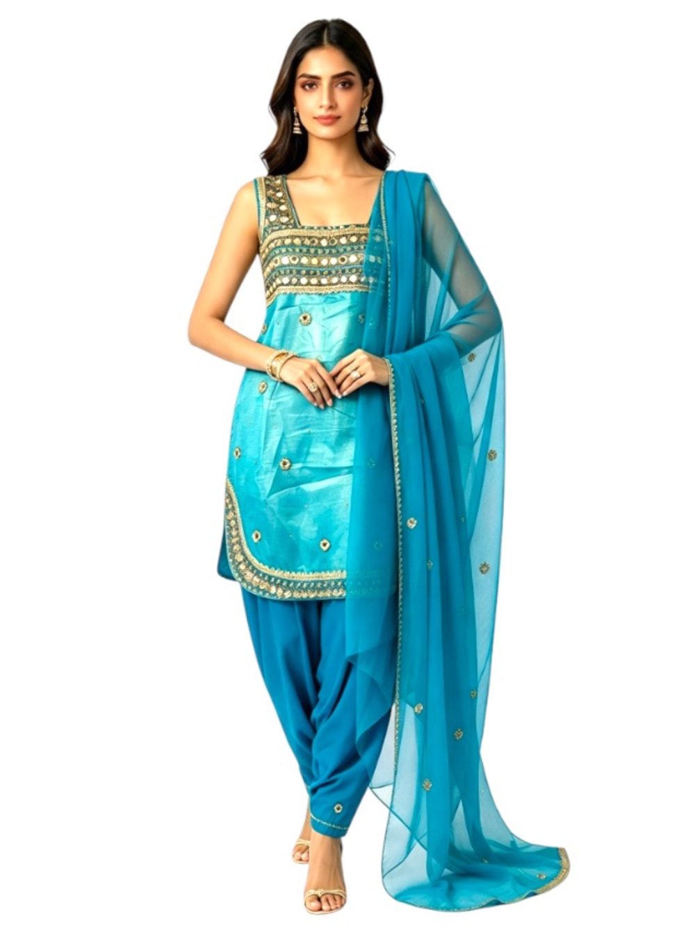 Turquoise Blue Mirror-Work Punjabi Suit - Salwar Kameez Diwali Eid Dress